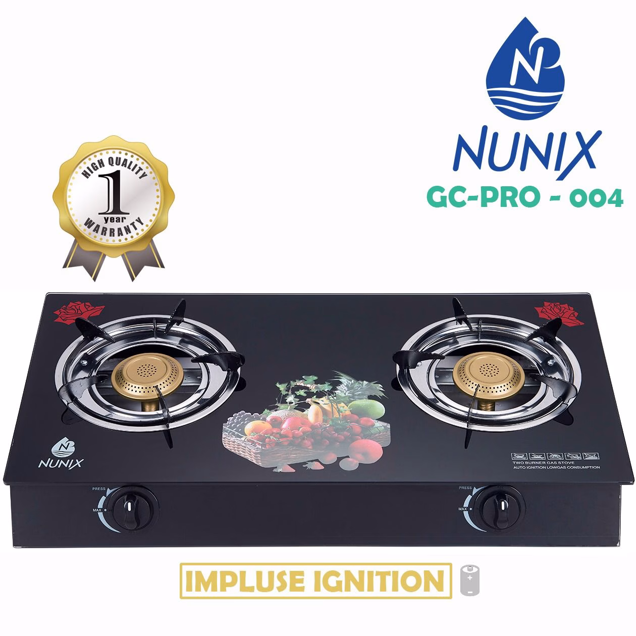 Nunix GC-004 2 Burner Glass Tabletop Cookers
