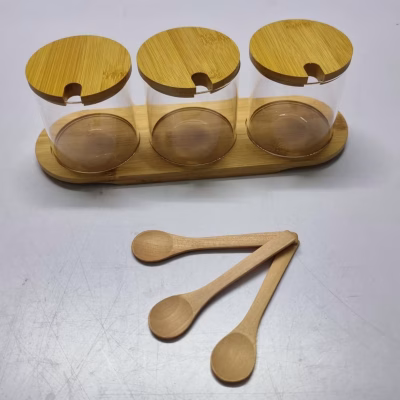3Pcs Glass Spice Jars With Bamboo Stand