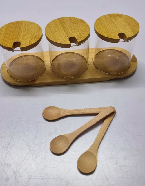 3Pcs Glass Spice Jars With Bamboo Stand